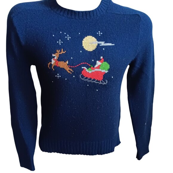 Vintage Mens Small 1OF1 Handmade Embroidered Reindeer Santa Sleigh Knit Sweater
